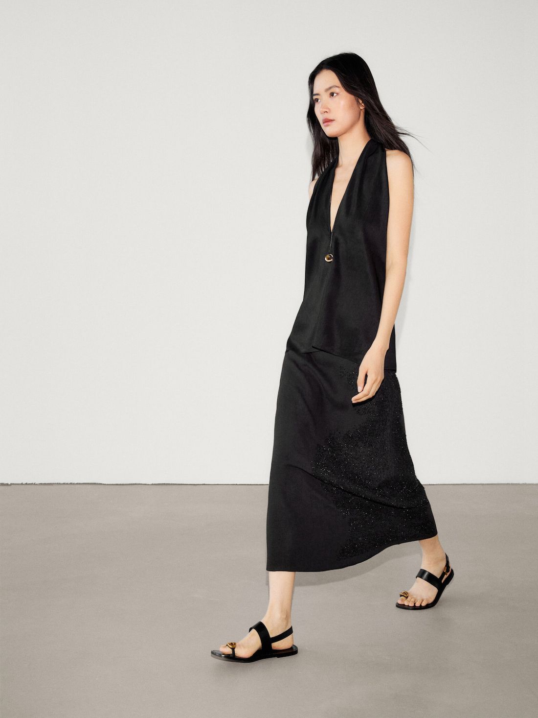 Massimo Dutti V-neck Stretch Halter Women Top Black | US-GE3870461