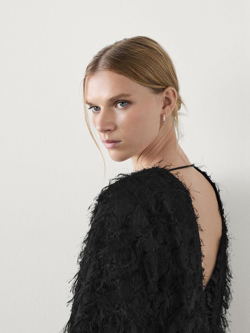 Massimo Dutti V-neck With Fringe Detail Women Blouse Black | US-RA5476083