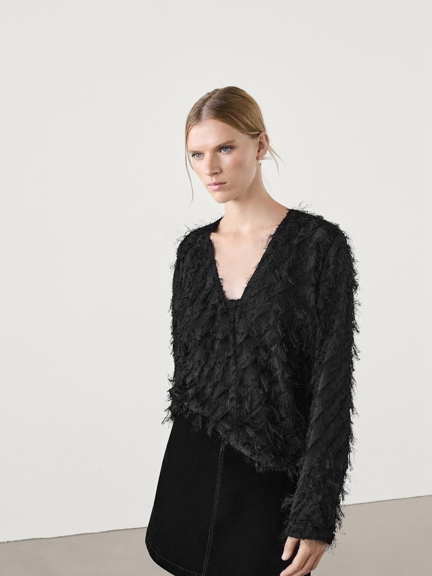 Massimo Dutti V-neck With Fringe Detail Women Blouse Black | US-RA5476083