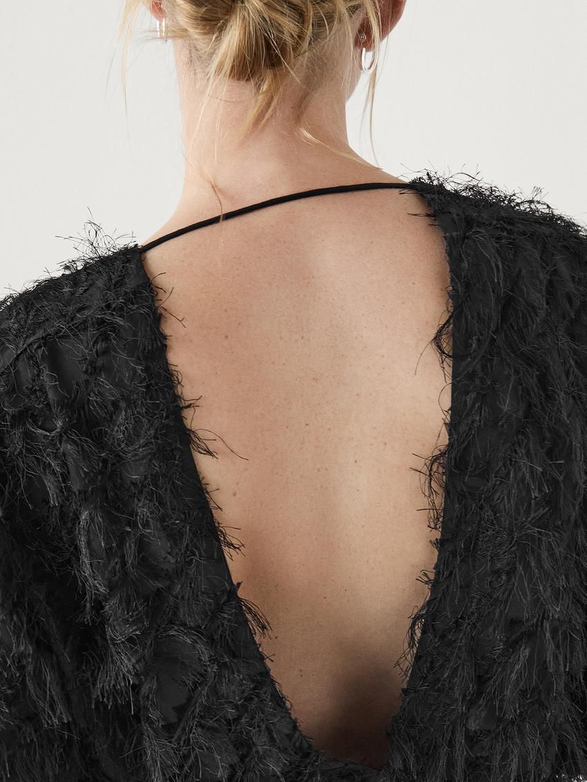 Massimo Dutti V-neck With Fringe Detail Women Blouse Black | US-RA5476083