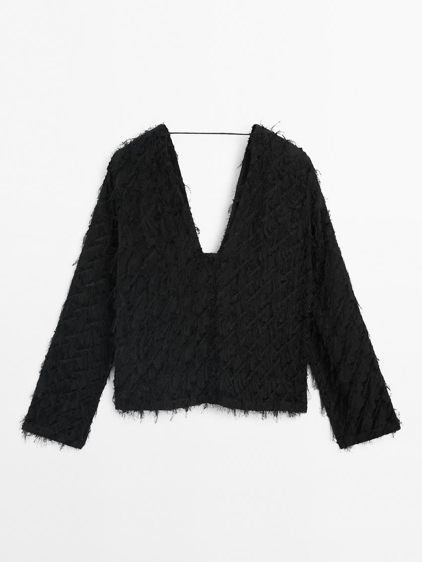 Massimo Dutti V-neck With Fringe Detail Women Blouse Black | US-RA5476083