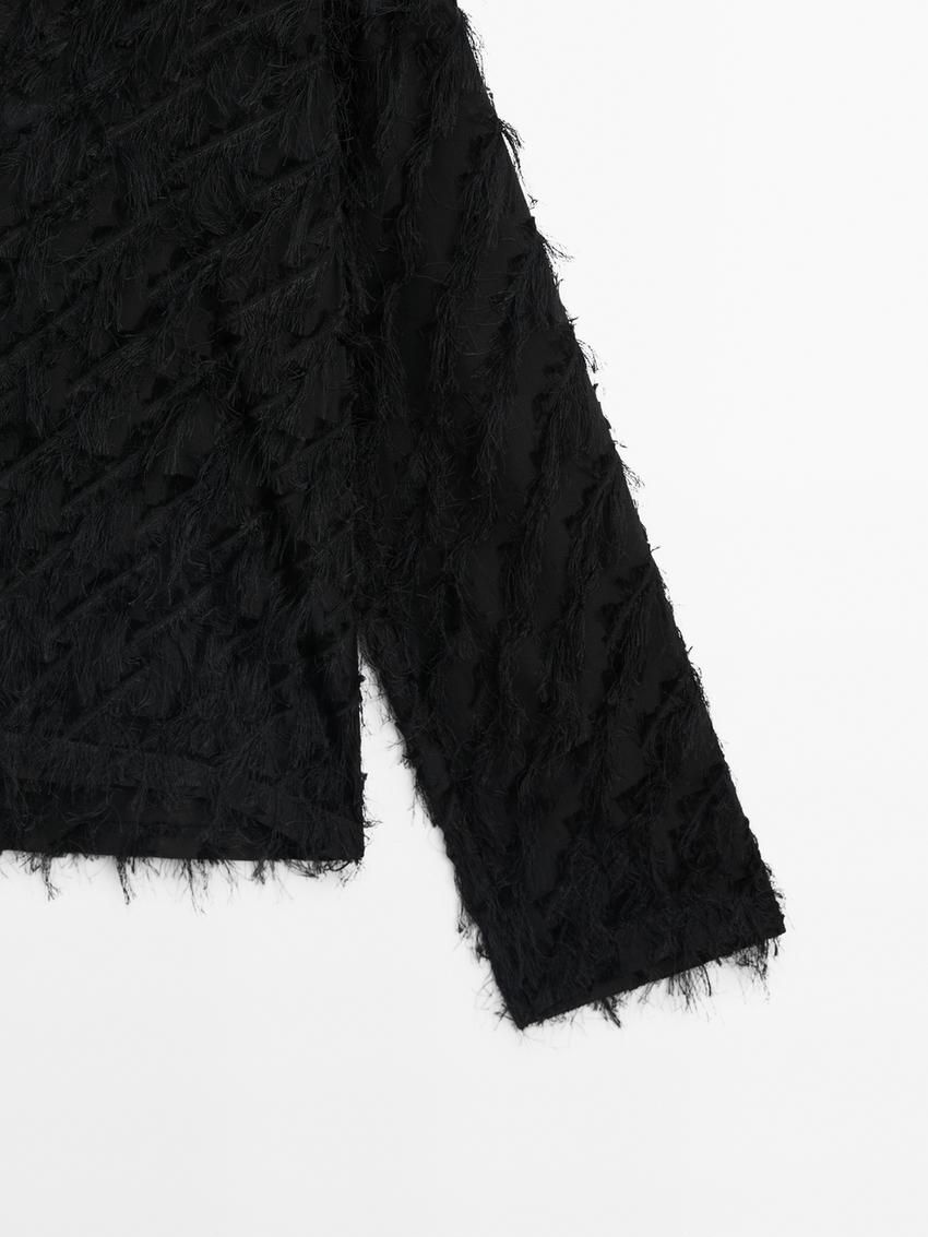 Massimo Dutti V-neck With Fringe Detail Women Blouse Black | US-RA5476083