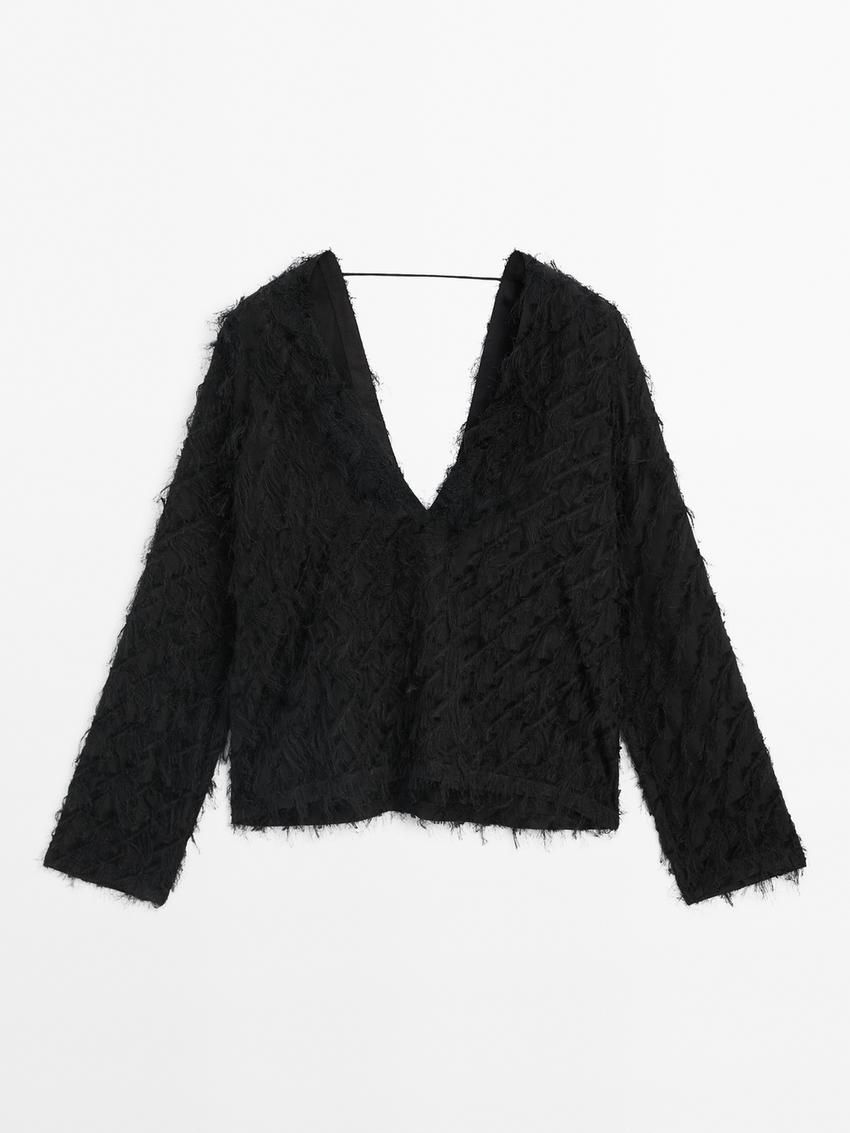 Massimo Dutti V-neck With Fringe Detail Women Blouse Black | US-RA5476083