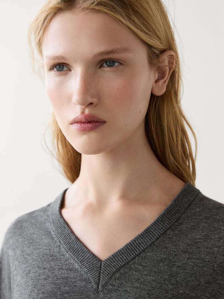 Massimo Dutti V-neck Wool Blend Women Sweater Dark Grey | US-QR3947126