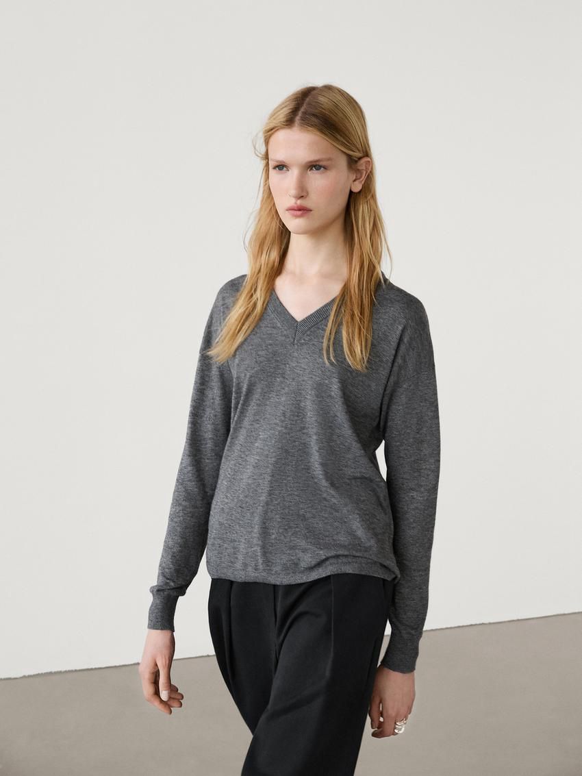 Massimo Dutti V-neck Wool Blend Women Sweater Dark Grey | US-QR3947126