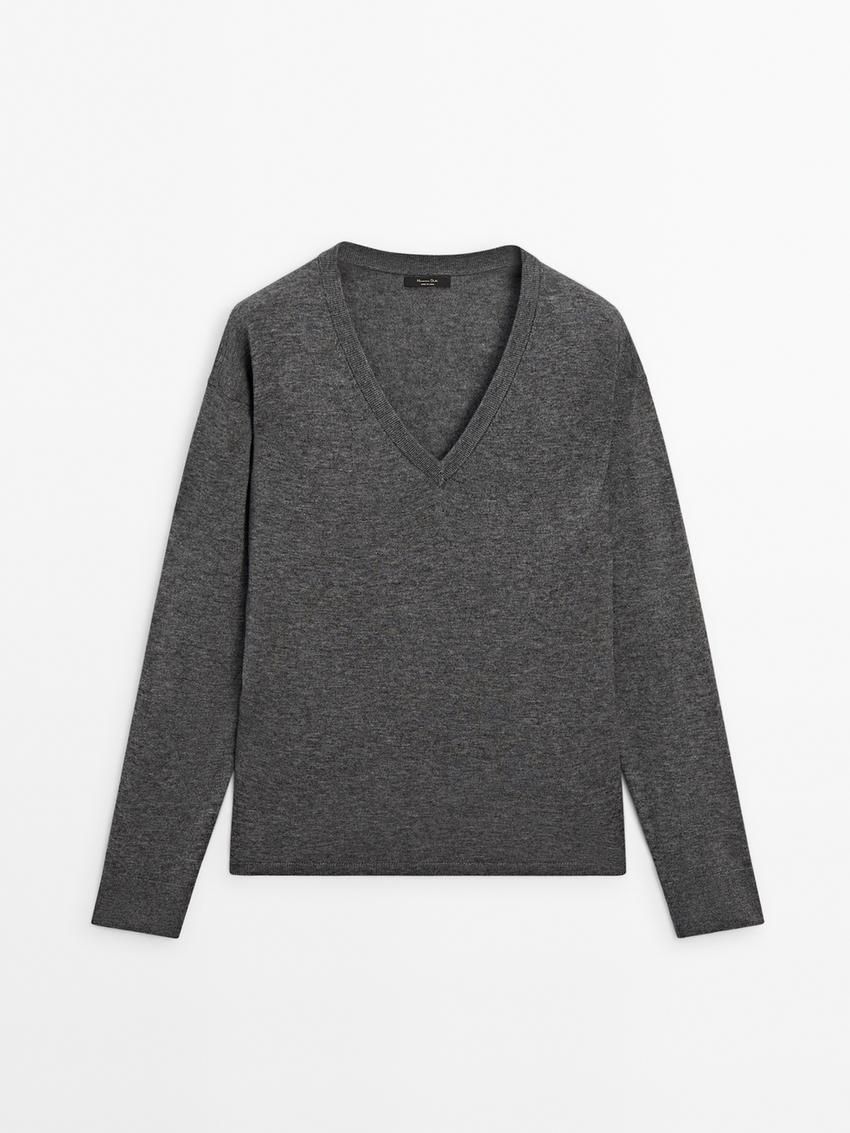 Massimo Dutti V-neck Wool Blend Women Sweater Dark Grey | US-QR3947126