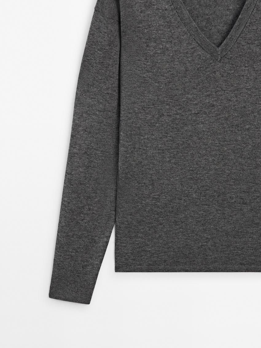 Massimo Dutti V-neck Wool Blend Women Sweater Dark Grey | US-QR3947126