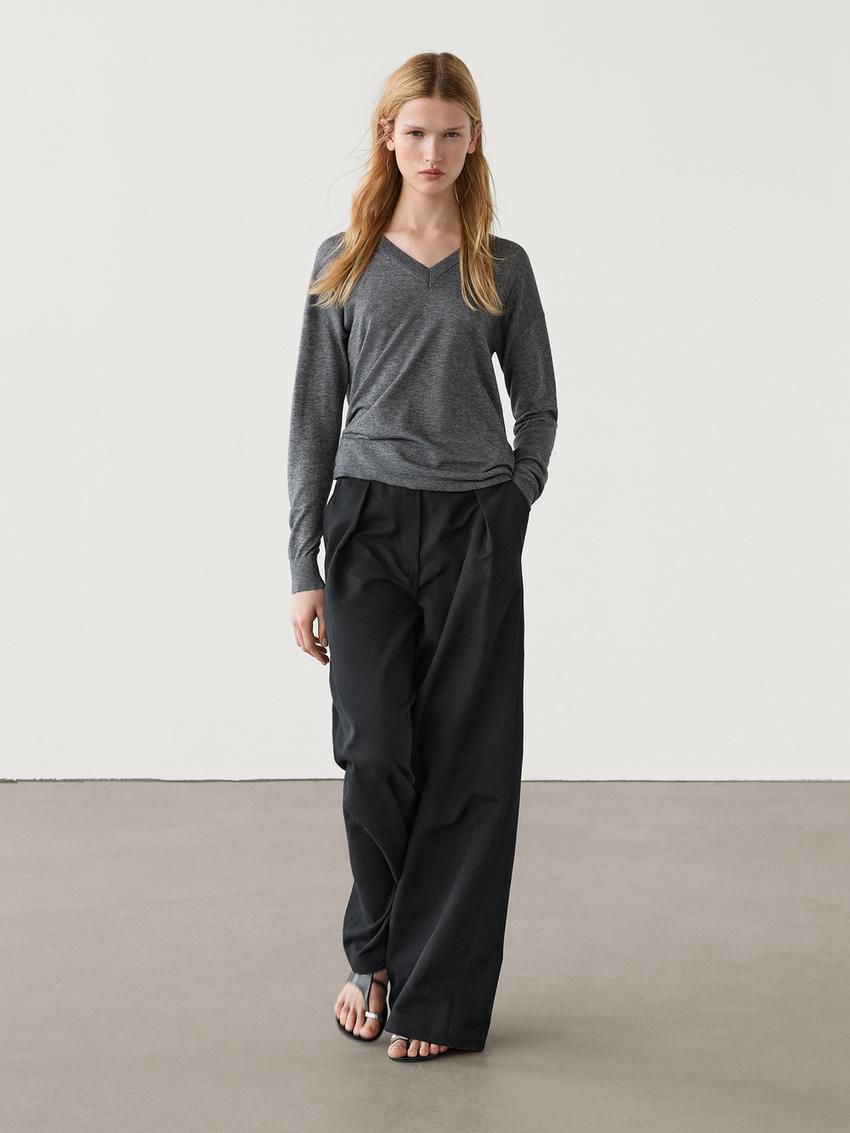 Massimo Dutti V-neck Wool Blend Women Sweater Dark Grey | US-QR3947126