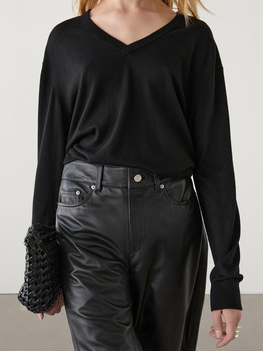 Massimo Dutti V-neck Wool Blend Women Sweater Black | US-ZO1298356