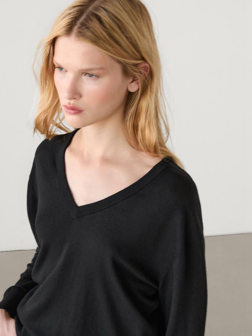 Massimo Dutti V-neck Wool Blend Women Sweater Black | US-ZO1298356