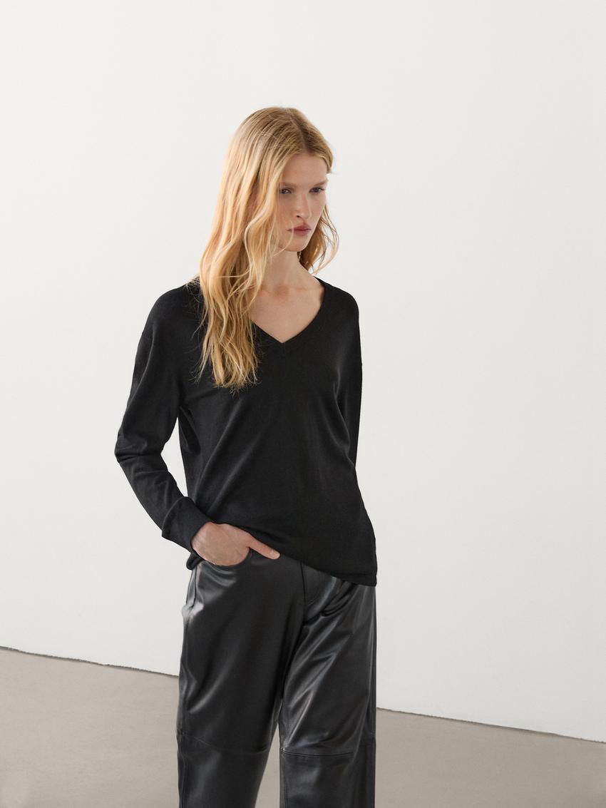 Massimo Dutti V-neck Wool Blend Women Sweater Black | US-ZO1298356