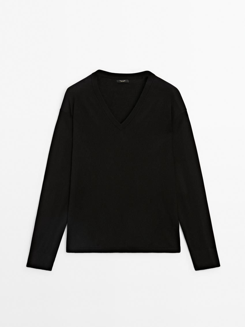 Massimo Dutti V-neck Wool Blend Women Sweater Black | US-ZO1298356