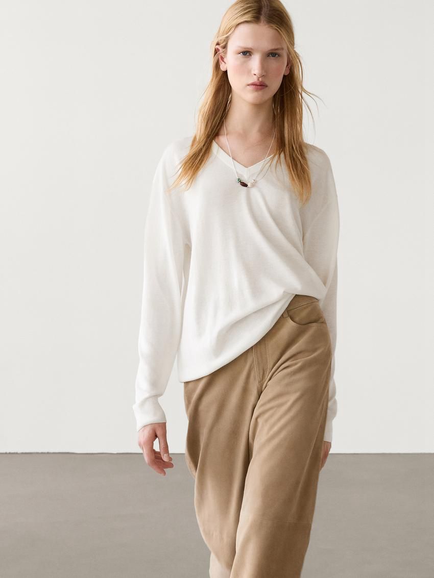 Massimo Dutti V-neck Wool Blend Women Sweater Cream | US-ZN4617835