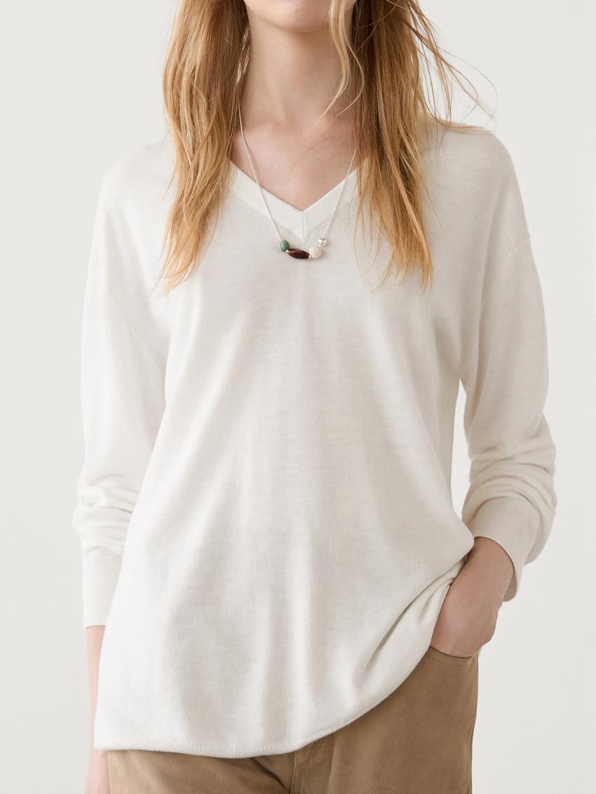 Massimo Dutti V-neck Wool Blend Women Sweater Cream | US-ZN4617835
