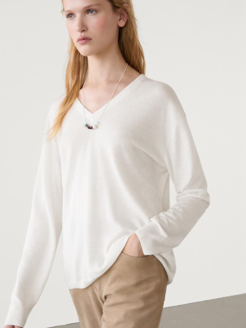Massimo Dutti V-neck Wool Blend Women Sweater Cream | US-ZN4617835