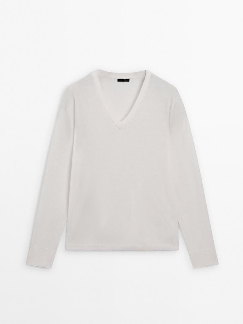 Massimo Dutti V-neck Wool Blend Women Sweater Cream | US-ZN4617835