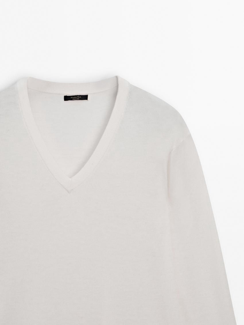 Massimo Dutti V-neck Wool Blend Women Sweater Cream | US-ZN4617835