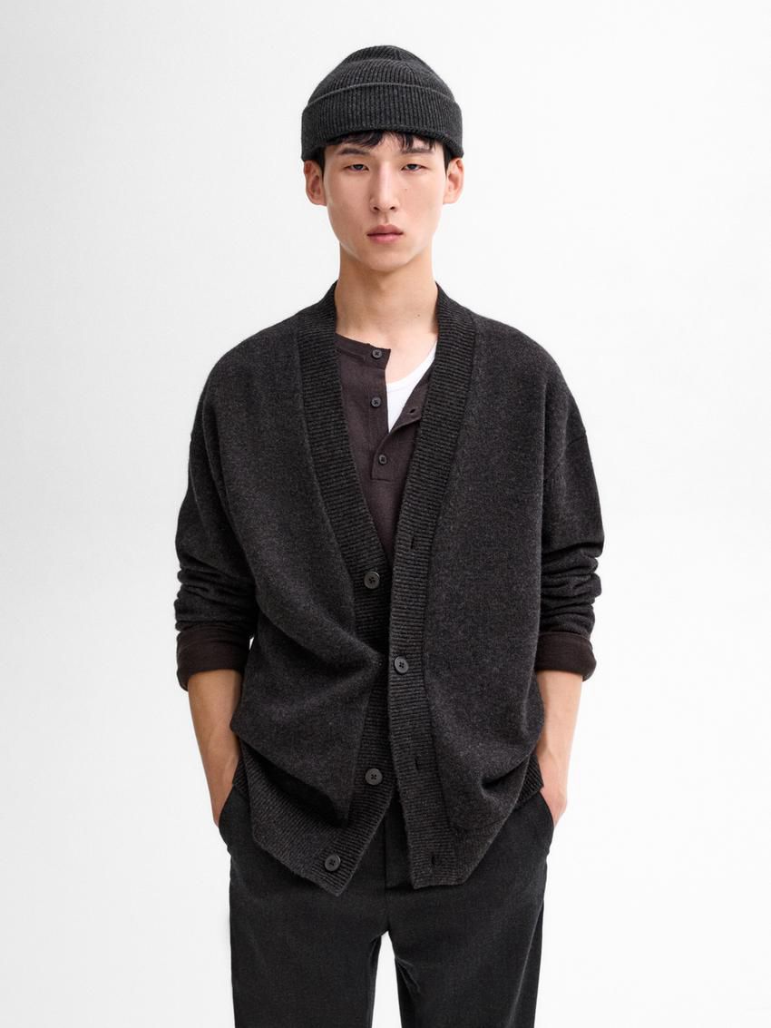 Massimo Dutti V-neck Wool Men Cardigan Dark Grey | US-ZJ6547093