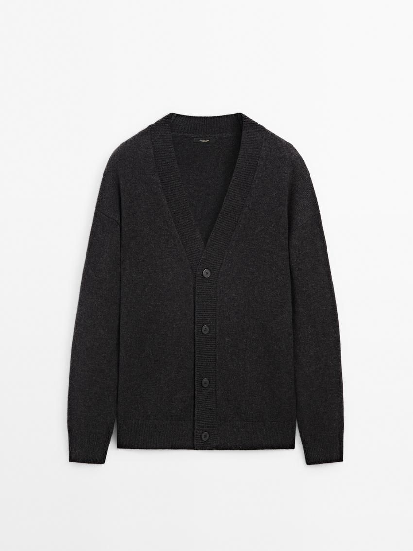 Massimo Dutti V-neck Wool Men Cardigan Dark Grey | US-ZJ6547093