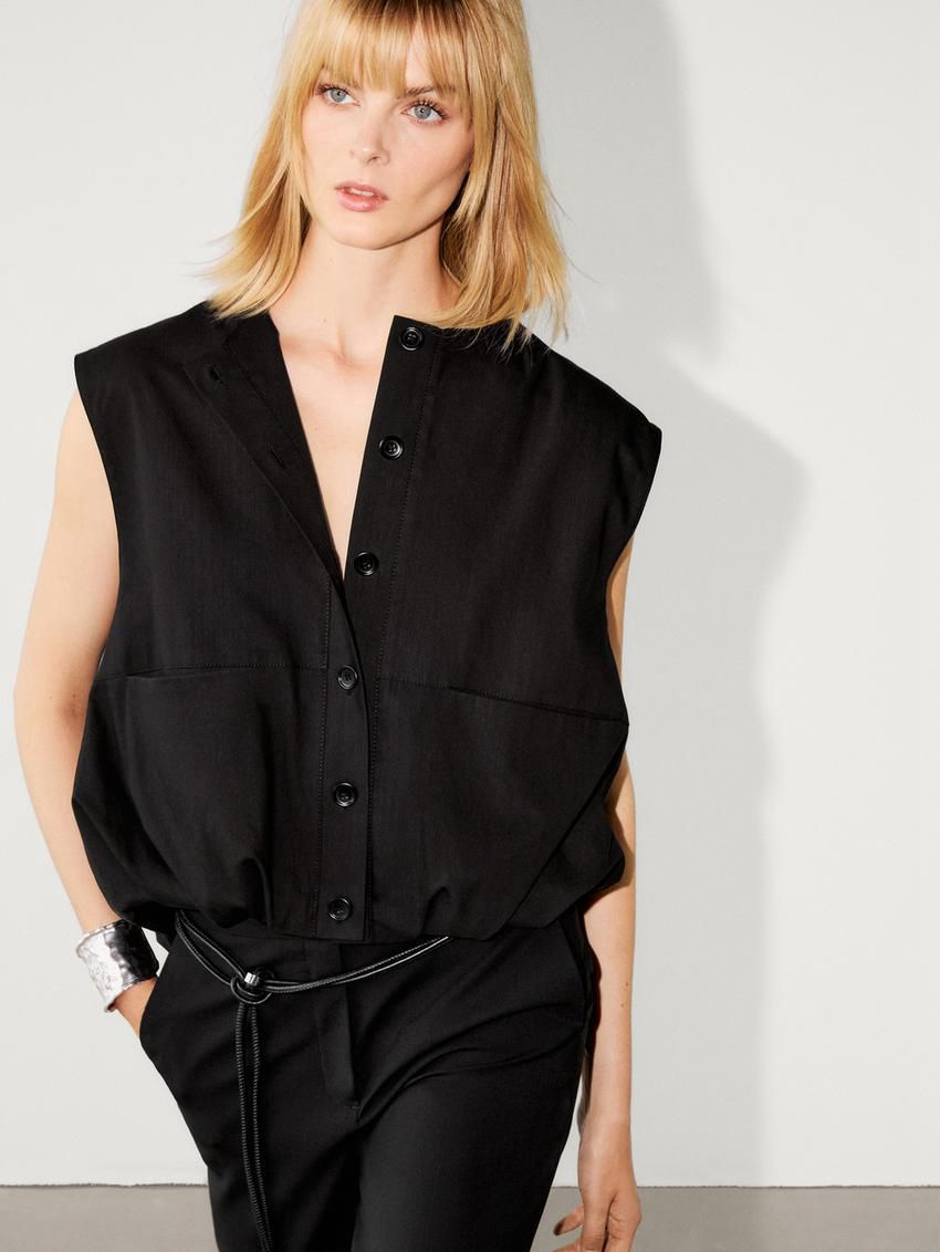 Massimo Dutti Voluminous With Opening And Buttons Women Vest Black | US-VN8306251