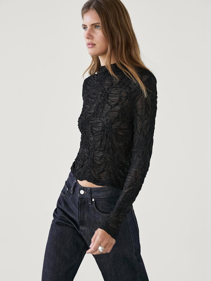 Massimo Dutti Waffle-knit Finish Women T-Shirt Black | US-VM2785340
