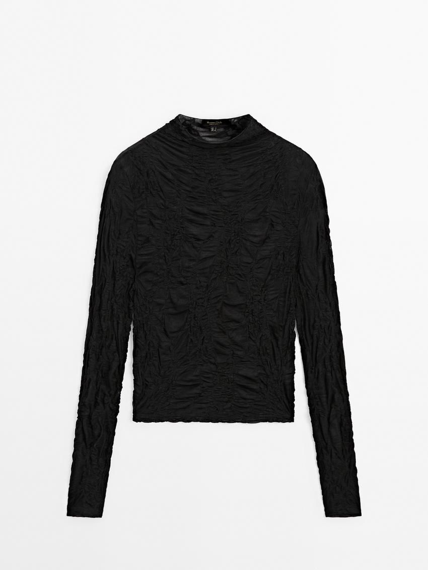 Massimo Dutti Waffle-knit Finish Women T-Shirt Black | US-VM2785340