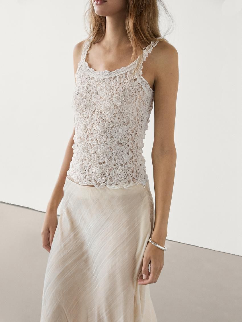 Massimo Dutti Waffle-knit Strappy Women Top Cream | US-EB3427506