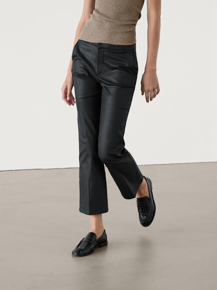 Massimo Dutti Waxed Flare Fit Cropped Women Trousers Black | US-PW5698174