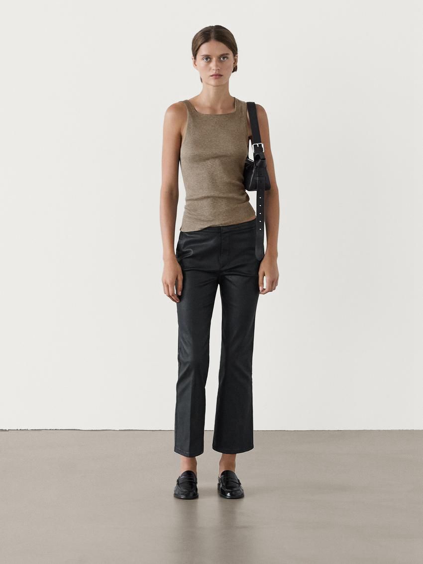 Massimo Dutti Waxed Flare Fit Cropped Women Trousers Black | US-PW5698174