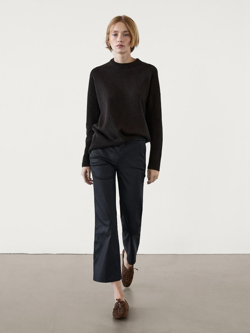Massimo Dutti Waxed Flare Fit Cropped Women Trousers Navy | US-GZ5940138