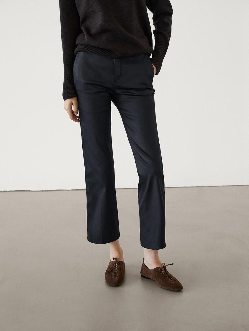 Massimo Dutti Waxed Flare Fit Cropped Women Trousers Navy | US-GZ5940138