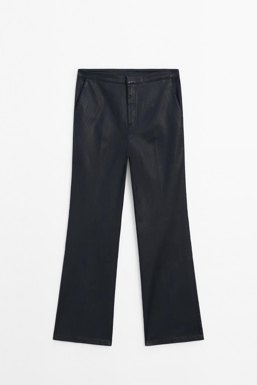 Massimo Dutti Waxed Flare Fit Cropped Women Trousers Navy | US-GZ5940138