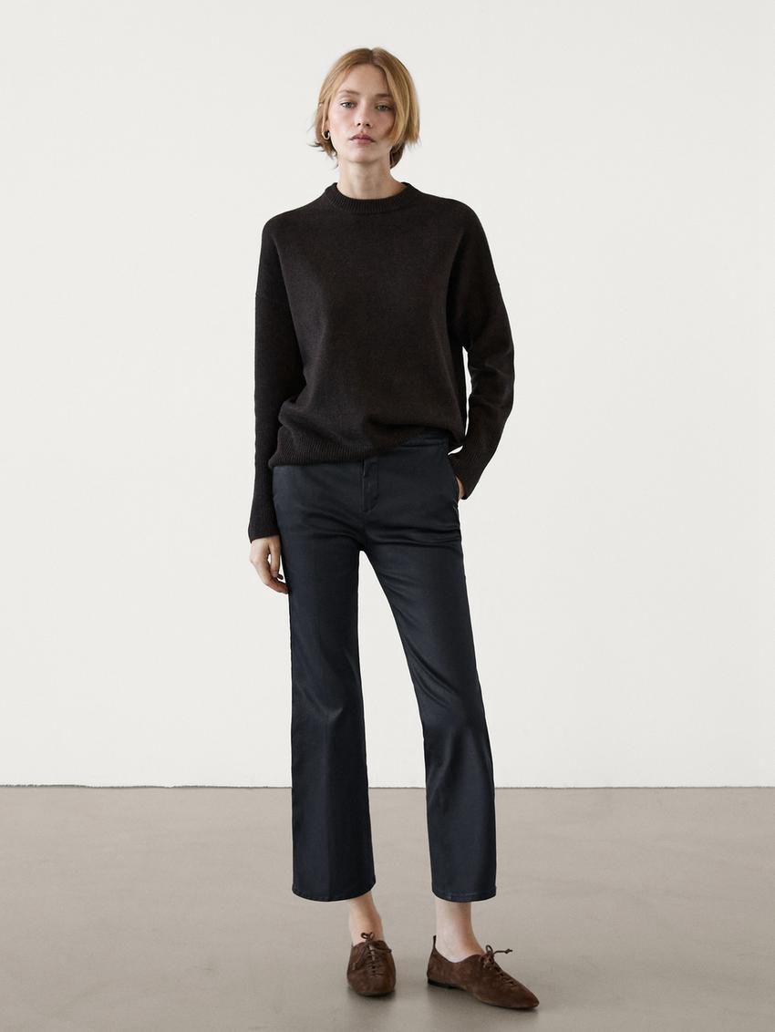 Massimo Dutti Waxed Flare Fit Cropped Women Trousers Navy | US-GZ5940138