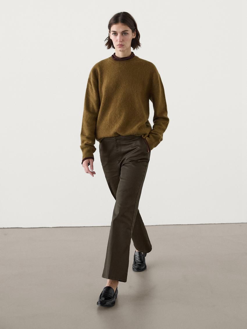 Massimo Dutti Waxed Flare Fit Cropped Women Trousers Dark Brown | US-JW7364891