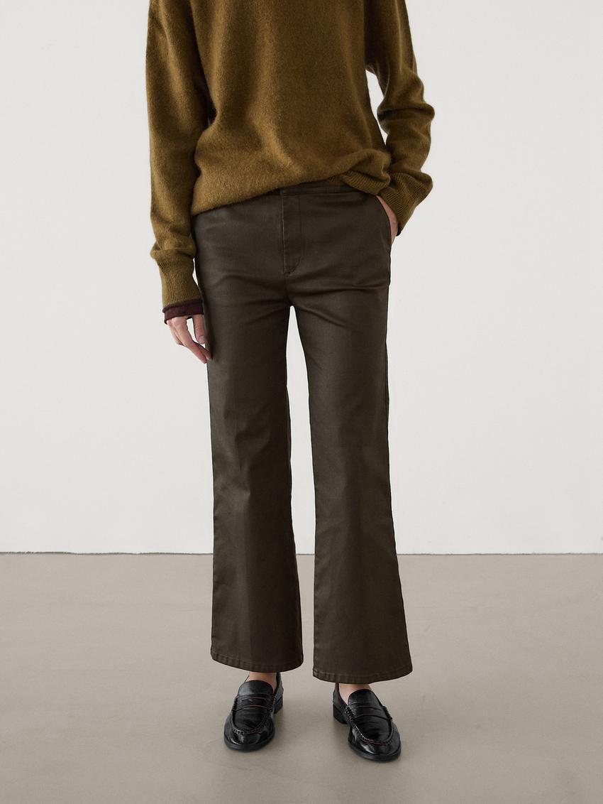 Massimo Dutti Waxed Flare Fit Cropped Women Trousers Dark Brown | US-JW7364891