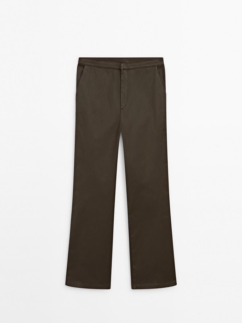 Massimo Dutti Waxed Flare Fit Cropped Women Trousers Dark Brown | US-JW7364891