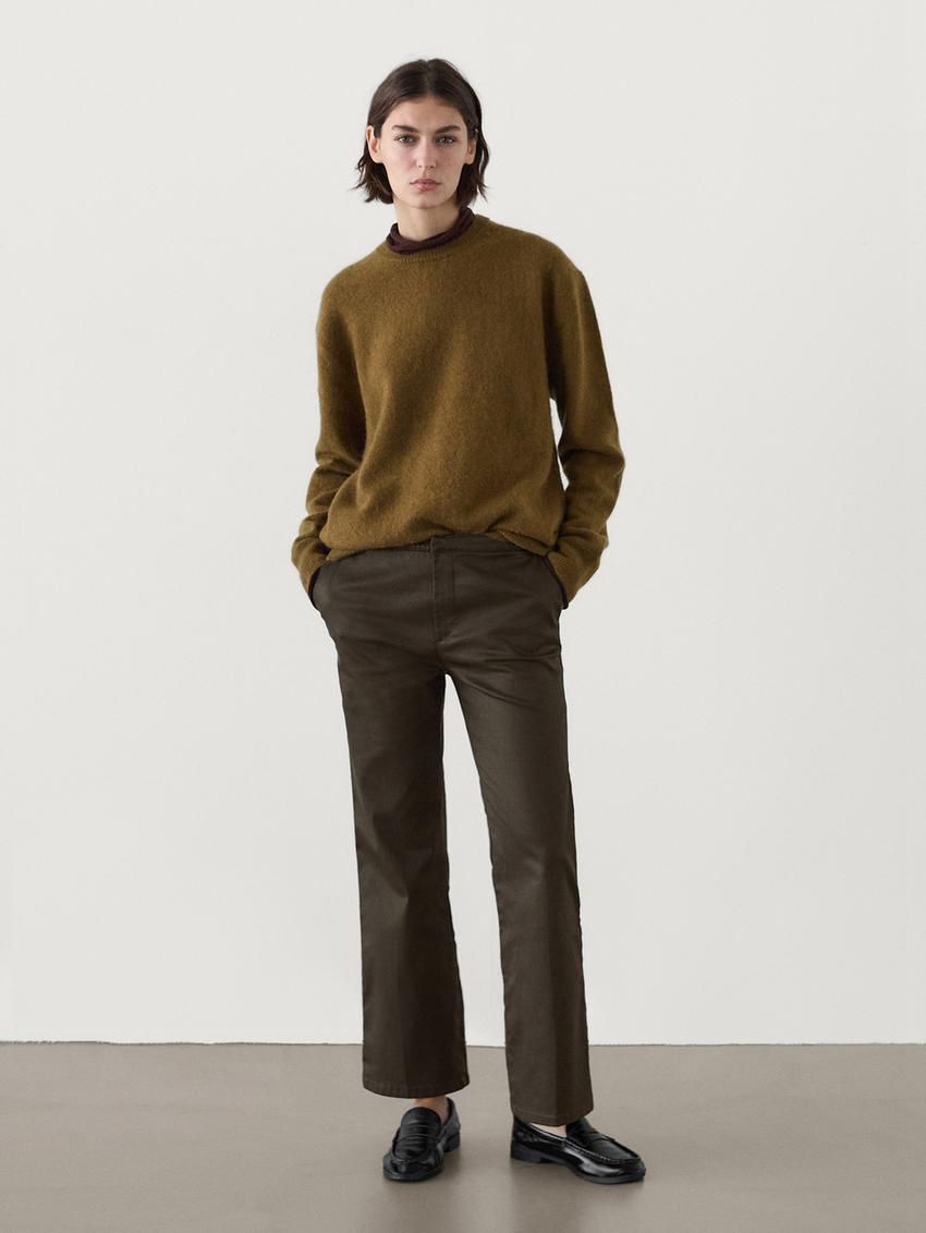 Massimo Dutti Waxed Flare Fit Cropped Women Trousers Dark Brown | US-JW7364891