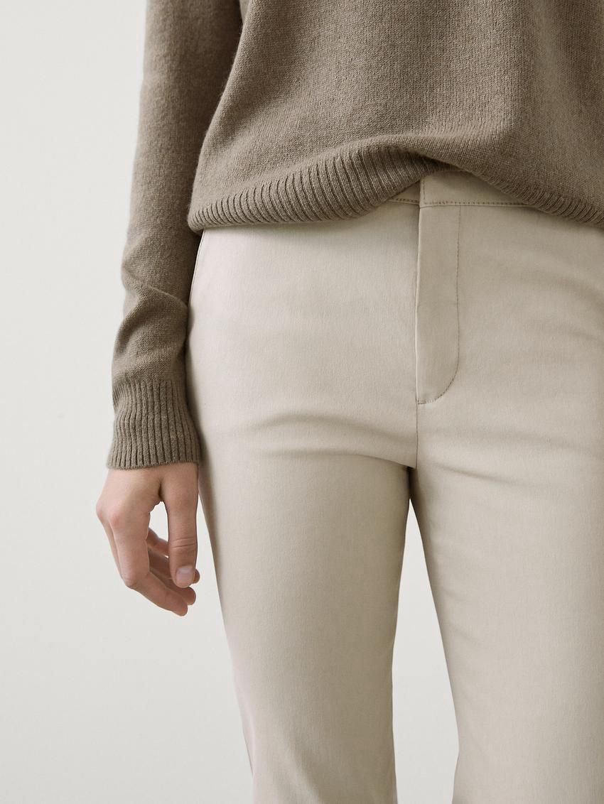 Massimo Dutti Waxed Flare Fit Cropped Women Trousers Cream | US-SO8760549
