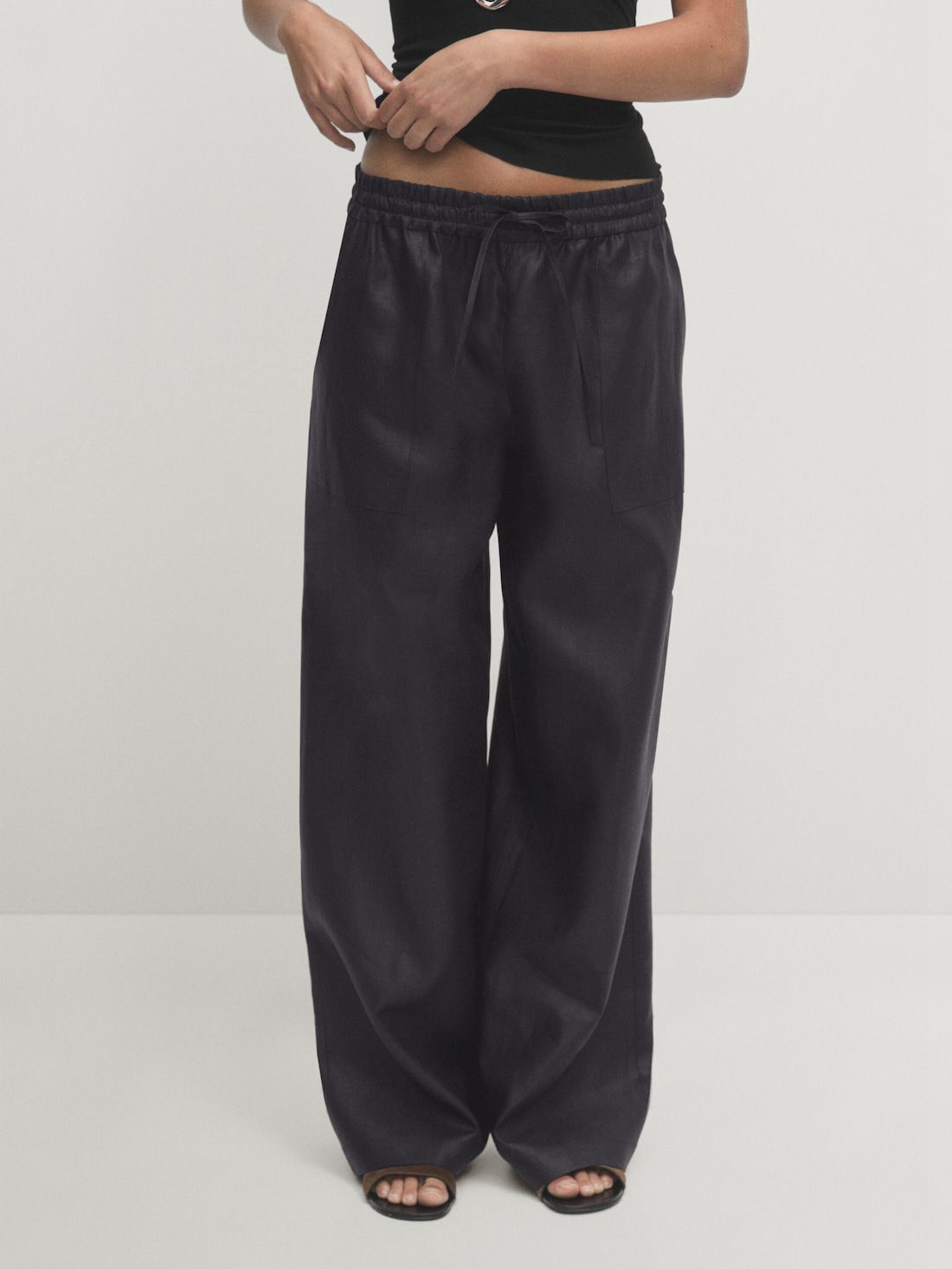 Massimo Dutti Waxed Linen Wide-leg Jogger Women Trousers Black | US-AR7421065