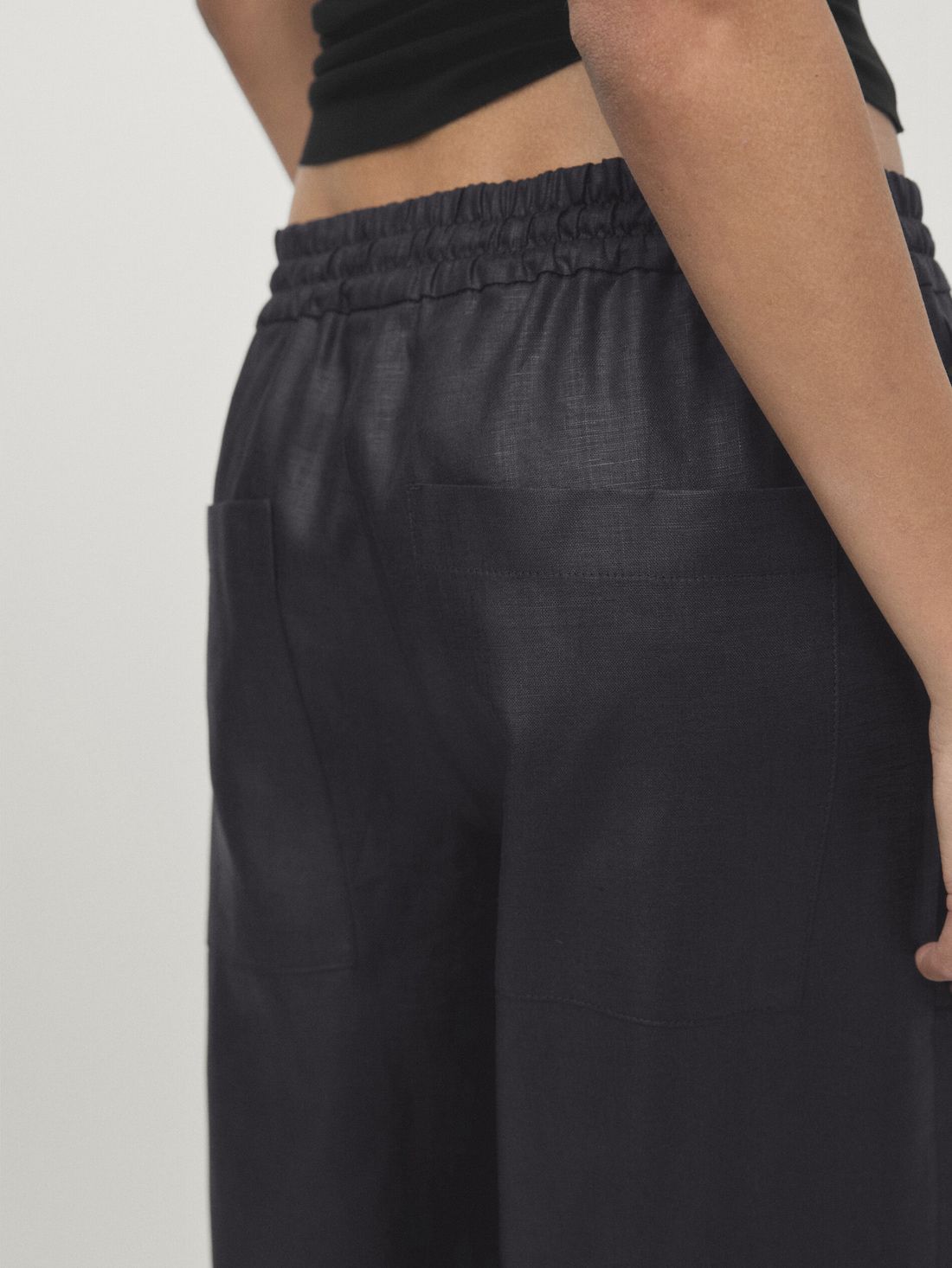 Massimo Dutti Waxed Linen Wide-leg Jogger Women Trousers Black | US-AR7421065