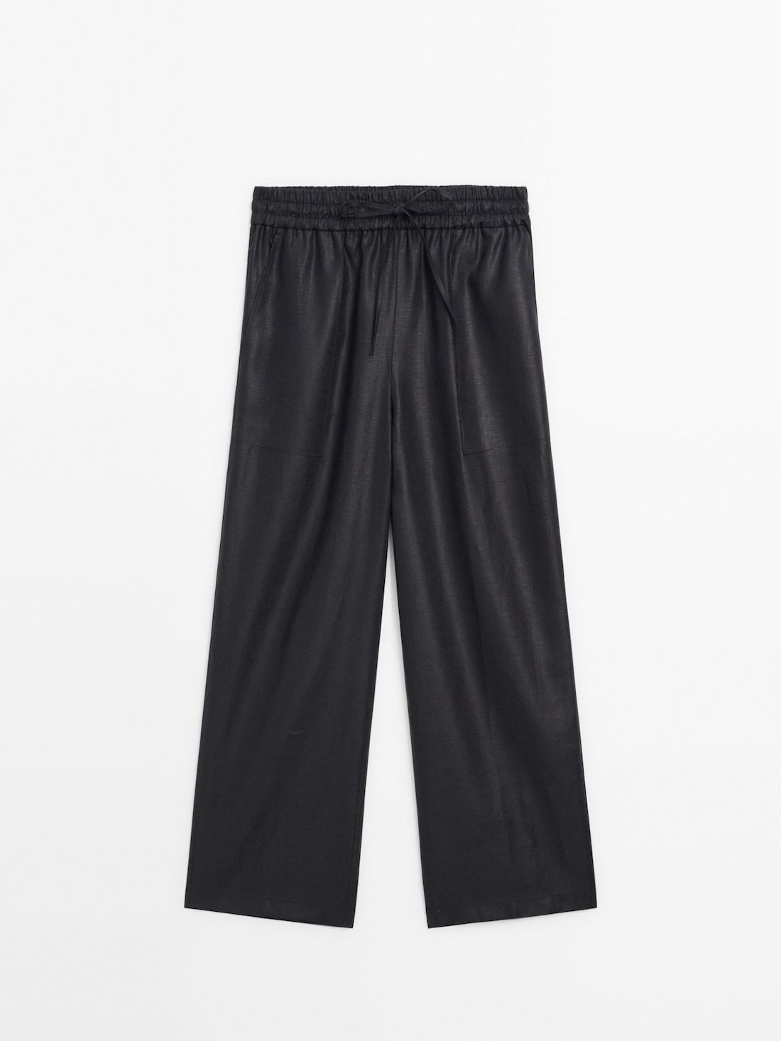 Massimo Dutti Waxed Linen Wide-leg Jogger Women Trousers Black | US-AR7421065
