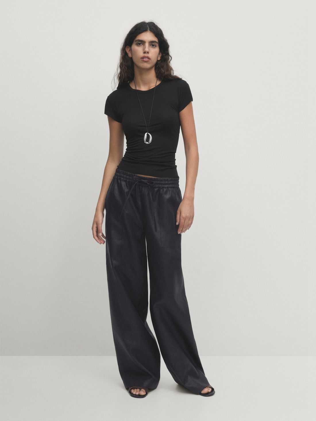 Massimo Dutti Waxed Linen Wide-leg Jogger Women Trousers Black | US-AR7421065
