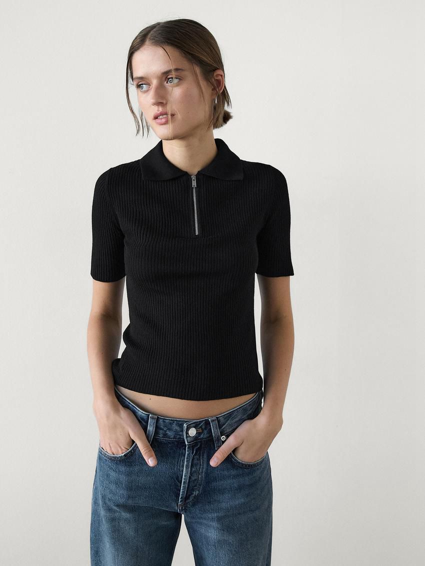 Massimo Dutti Wide Knit With Short Sleeves Women Sweater Black | US-MX2879615