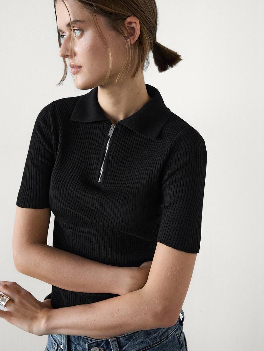 Massimo Dutti Wide Knit With Short Sleeves Women Sweater Black | US-MX2879615