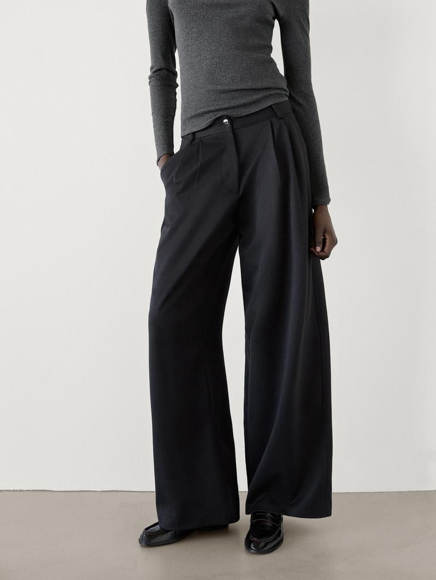 Massimo Dutti Wide Leg Fluid With Darts Women Trousers Navy | US-CR8409561