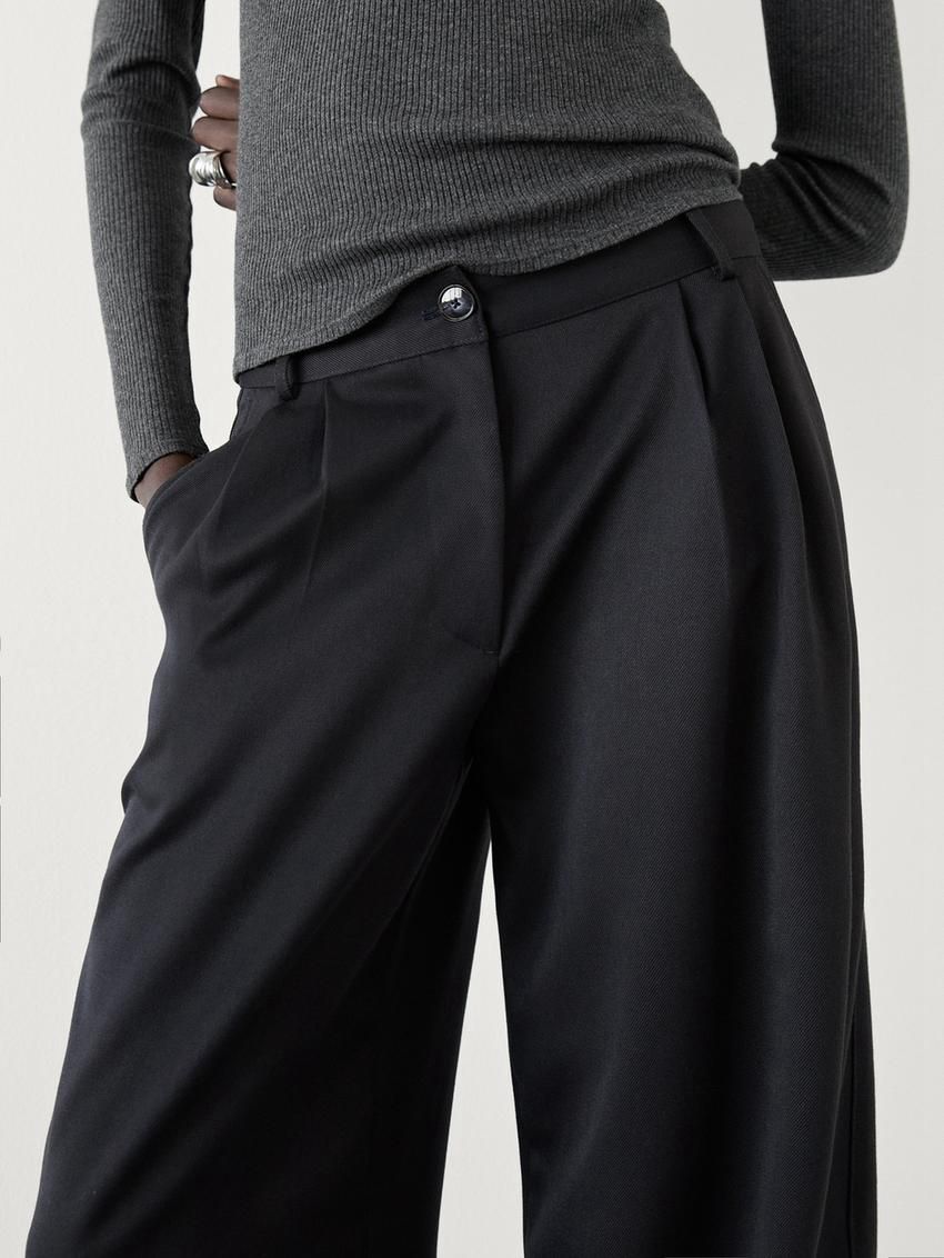Massimo Dutti Wide Leg Fluid With Darts Women Trousers Navy | US-CR8409561