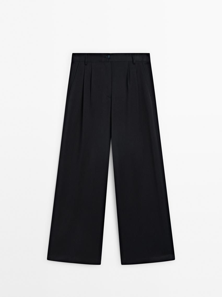 Massimo Dutti Wide Leg Fluid With Darts Women Trousers Navy | US-CR8409561