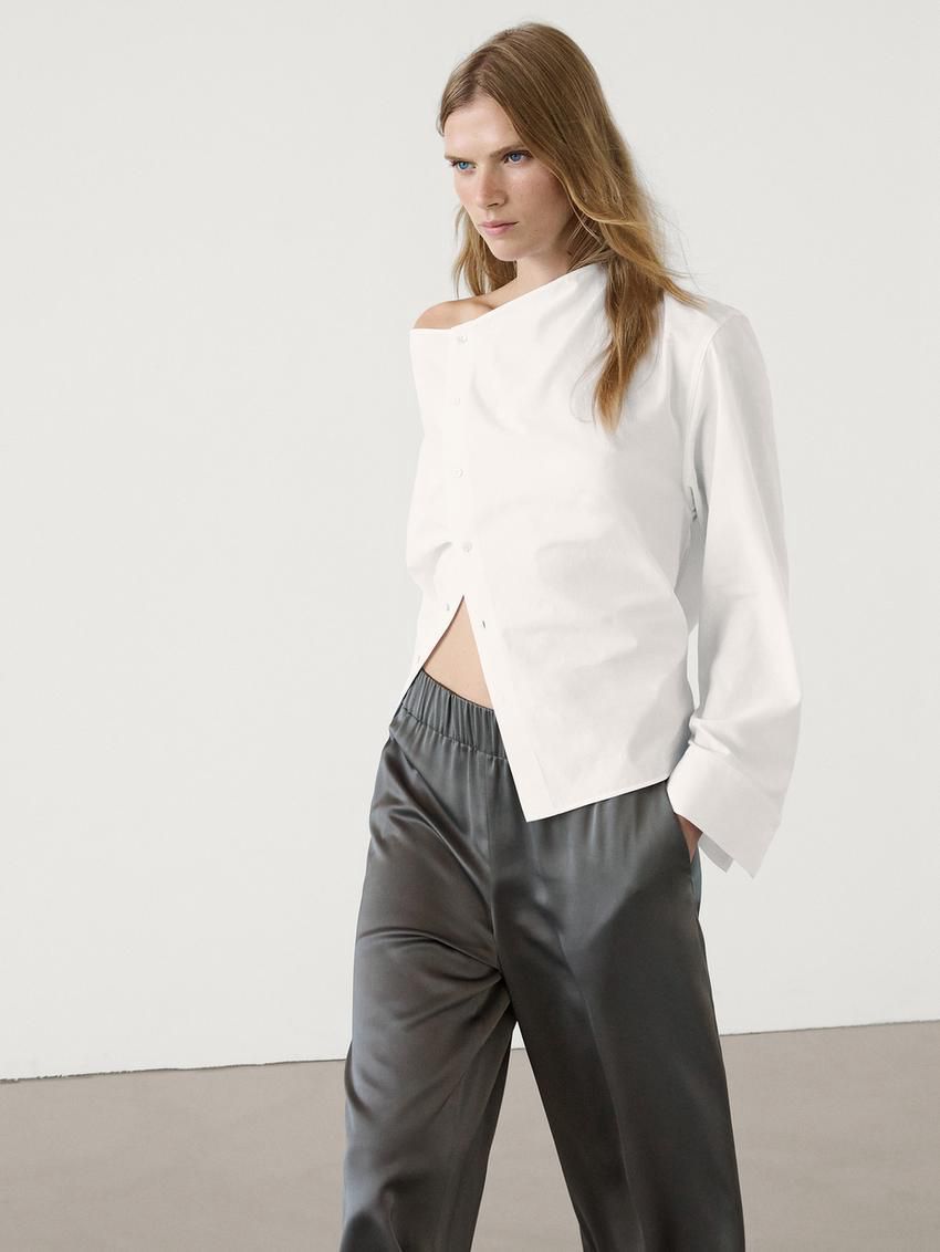 Massimo Dutti Wide Leg Satin Women Trousers Dark Grey | US-EC3192750