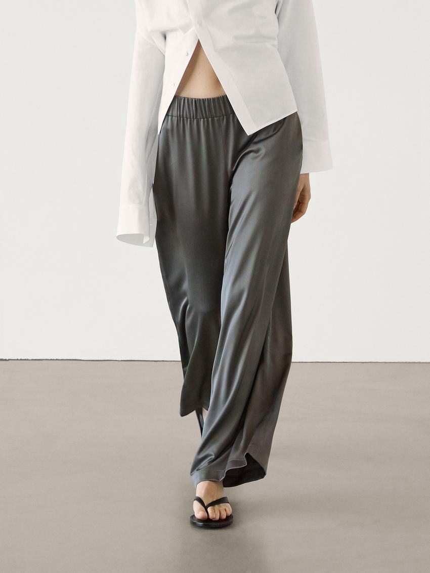 Massimo Dutti Wide Leg Satin Women Trousers Dark Grey | US-EC3192750