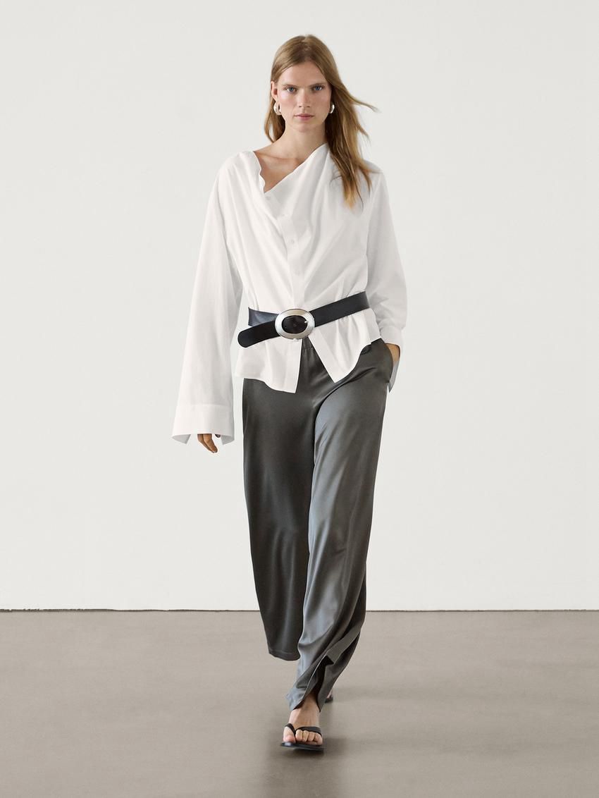 Massimo Dutti Wide Leg Satin Women Trousers Dark Grey | US-EC3192750